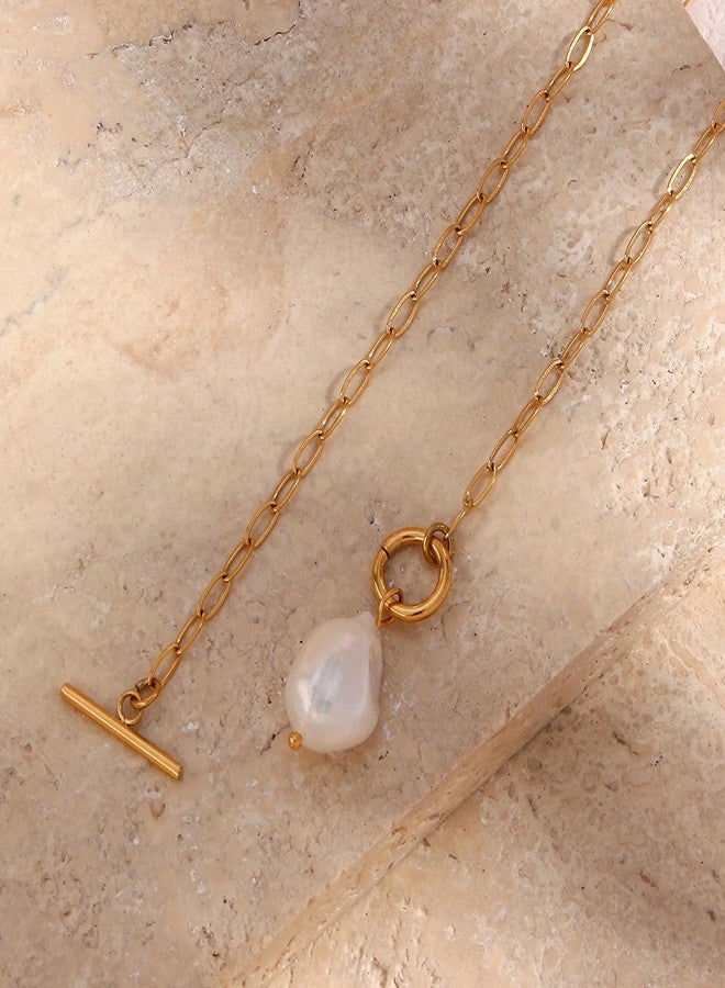 Decentraland Baroque Gold Freshwater Pearl Long Pendant Necklace Paperclip Toggle Drop Stainless Steel Necklace For Women - Image 5